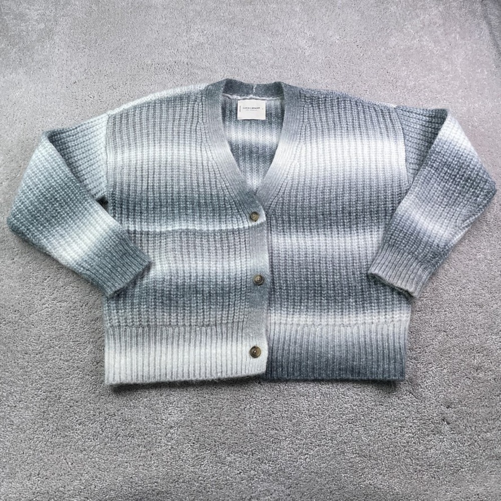 Lucky Brand Cardigan Sweater‎ Womens Large Grey Ombre Wool Blend V Neck